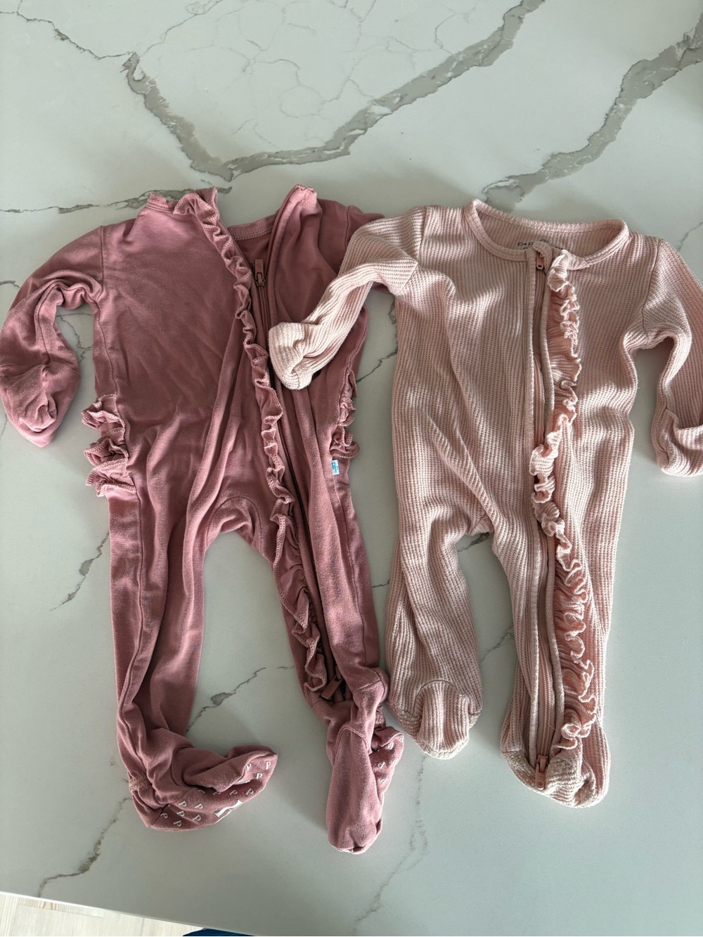 Posh Peanut and Caden Lane Pink Ruffle Footed Zip One-Piece (Set of 2)